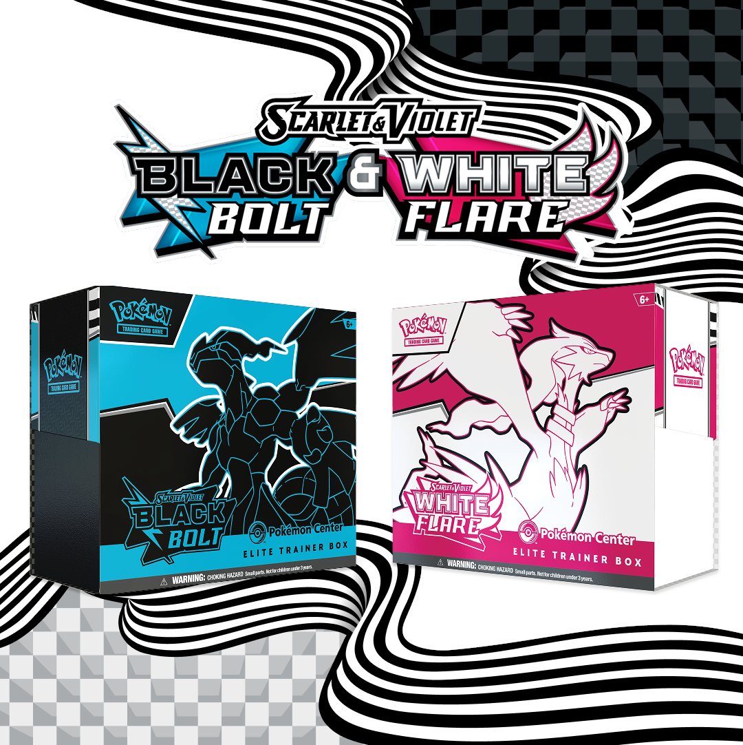 Pre‑order banner for Pokémon TCG Scarlet & Violet – Black Bolt & White Flare, featuring bold black and white dual‑tone backgrounds with standout Unova region Pokémon like Kyurem ex and Samurott, alongside logos for both Black Bolt and White Flare and a clear ‘Pre‑Order Now: Releases July 18, 2025