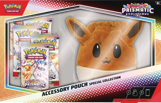 Pokémon Prismatic Evolutions accessory pouch with plush toy and trading card packs.